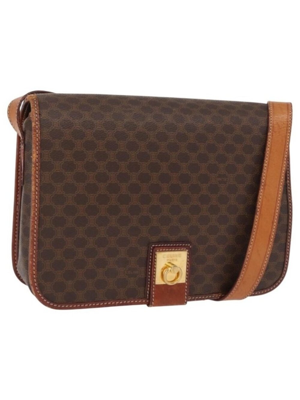Authentic CELINE Macadam Canvas Shoulder Bag PVC Leather Brown Gold